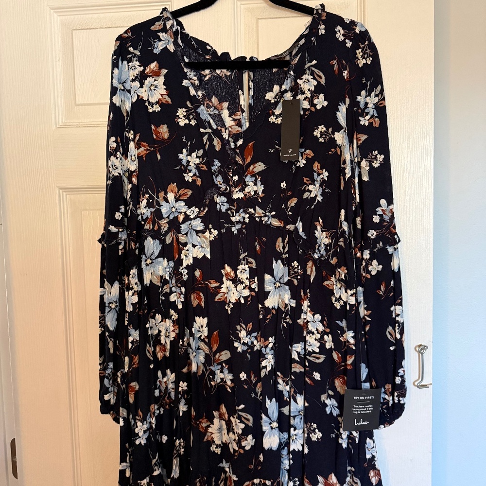 Lulus Blooms Navy Blue Floral Print Long Sleeve Babydoll Dress new With Tags